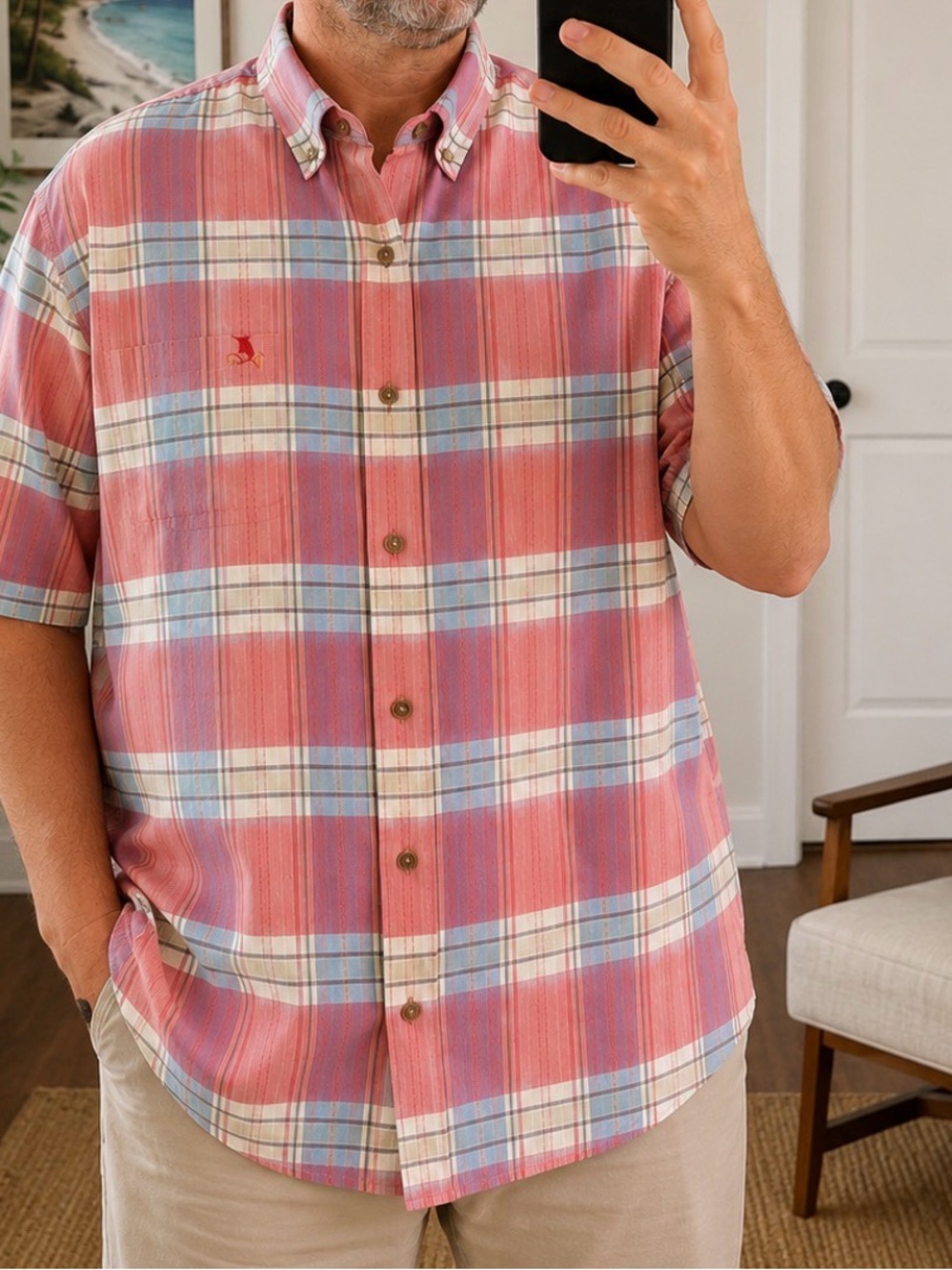 Tommy Bahama Men's XL Silk Cotton Plaid Button Down Shirt Blue Marlin Logo